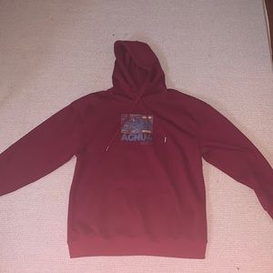 maroon men’s sweatshirt, size XL with design on front and back